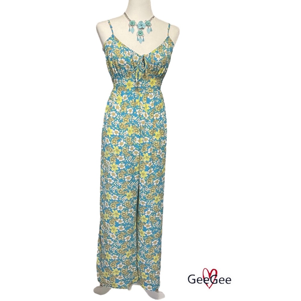 GeeGee Floral V-Neck Wide Leg High Waisted Cami Style Top Jumpsuit, Sleeveless